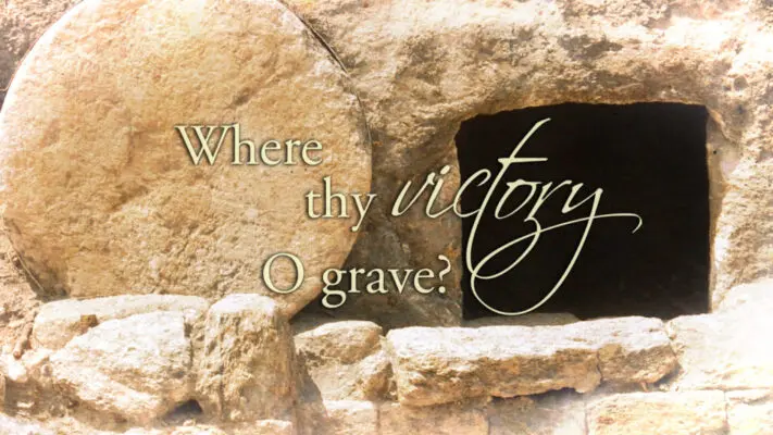 A picture of the empty tomb with text that says where thy victory o grave