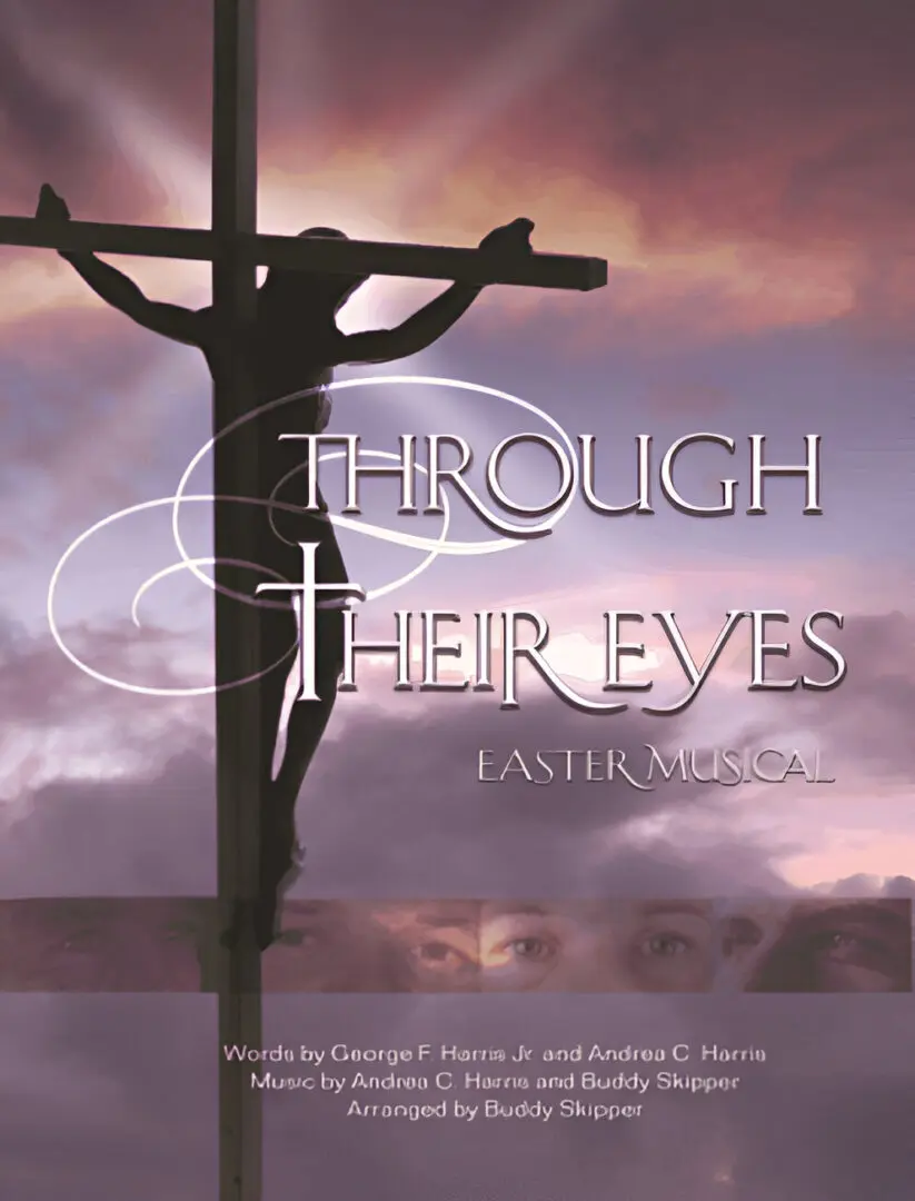 A cross with the words " through their eyes " written on it.